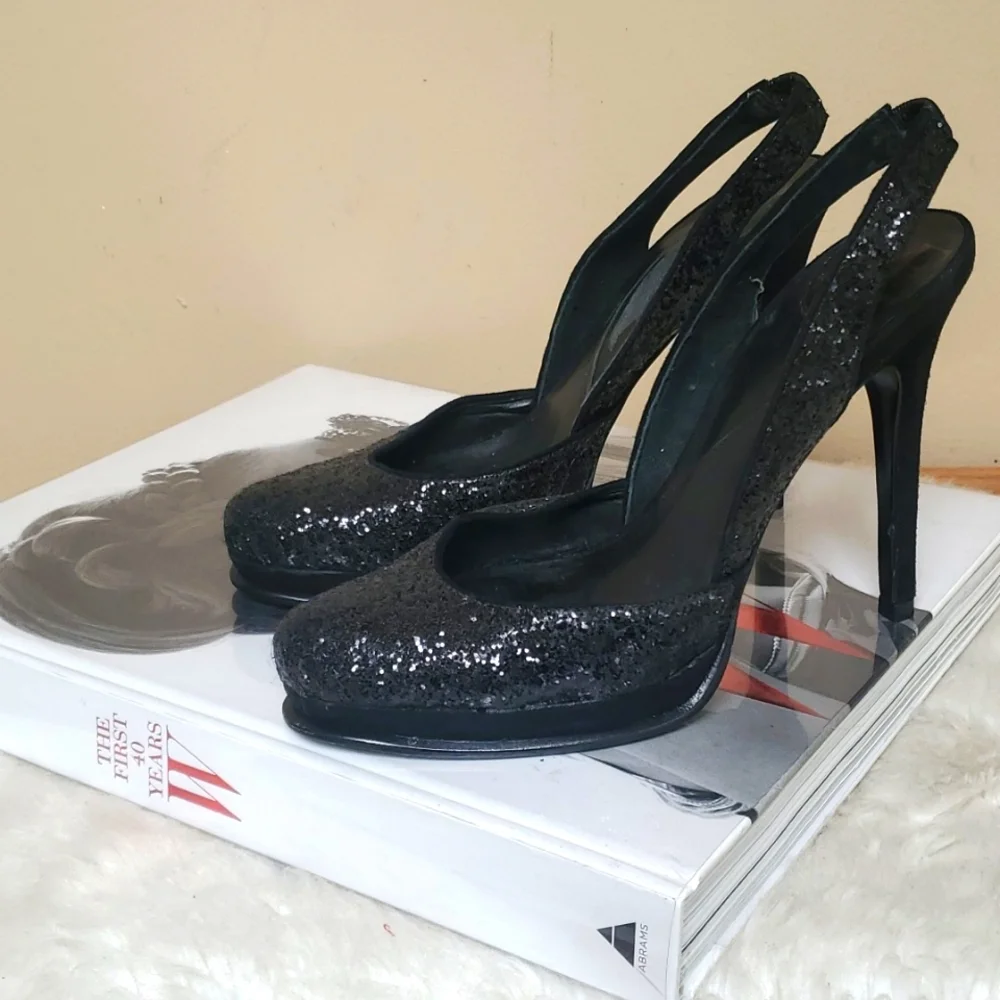 Diane Von Furstenberg DVF Black Sequin Slingback Stilletos Size 7M